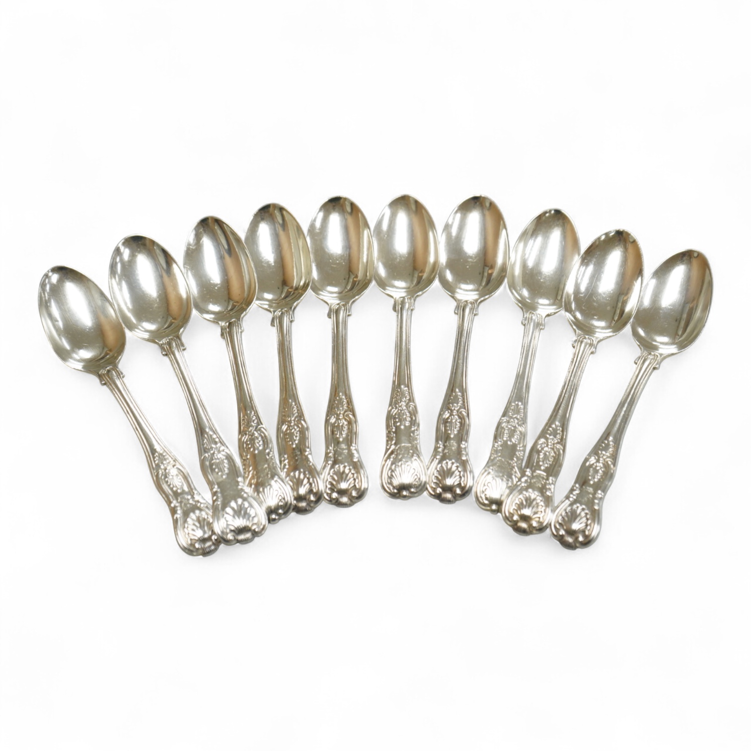 A matched set of ten William IV/Victorian silver Kings pattern teaspoons, including nine by Mary Chawner, London, 1834 and 1837, 11.5oz.